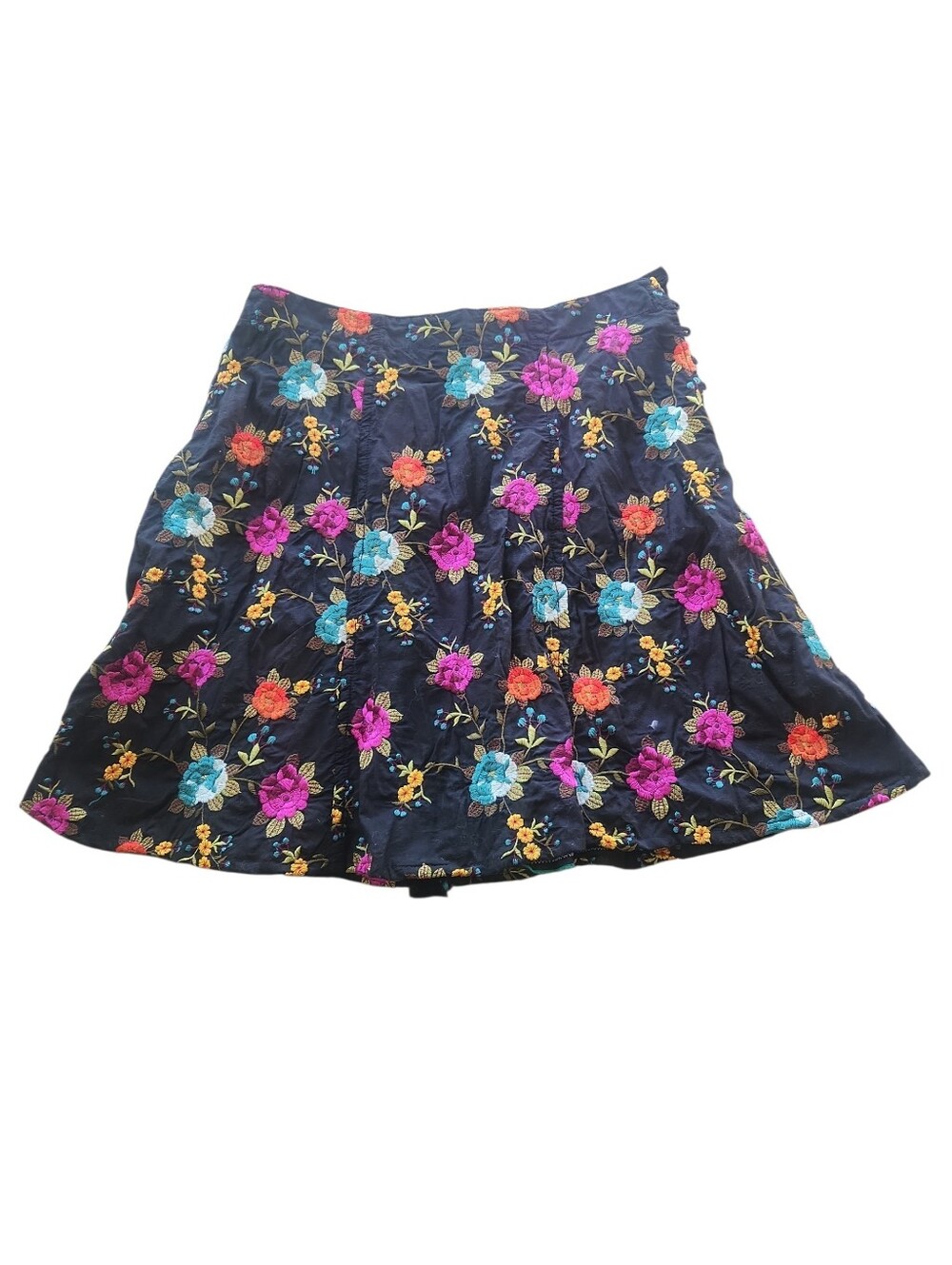 Johnny Was Black Embroidered Floral A-Line Mini Skirt Size 6 Lined